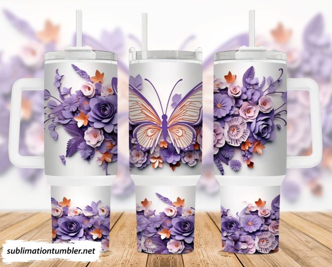 3D Purple Butterfly And Flowers Custom Stanley Quencher 40Oz Stainless Steel Tumbler With Handle