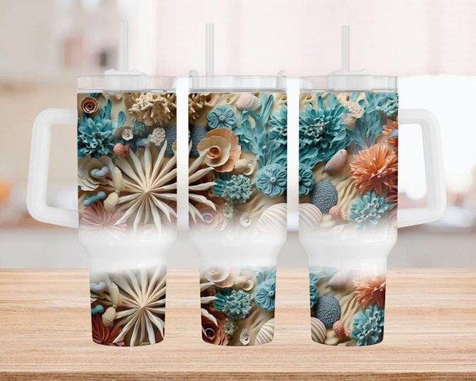 3D Seashells Beach Custom Stanley Quencher 40Oz Stainless Steel Tumbler With Handle