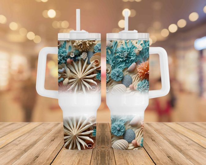 3D Seashells Beach Custom Stanley Quencher 40Oz Stainless Steel Tumbler With Handle - Image 2