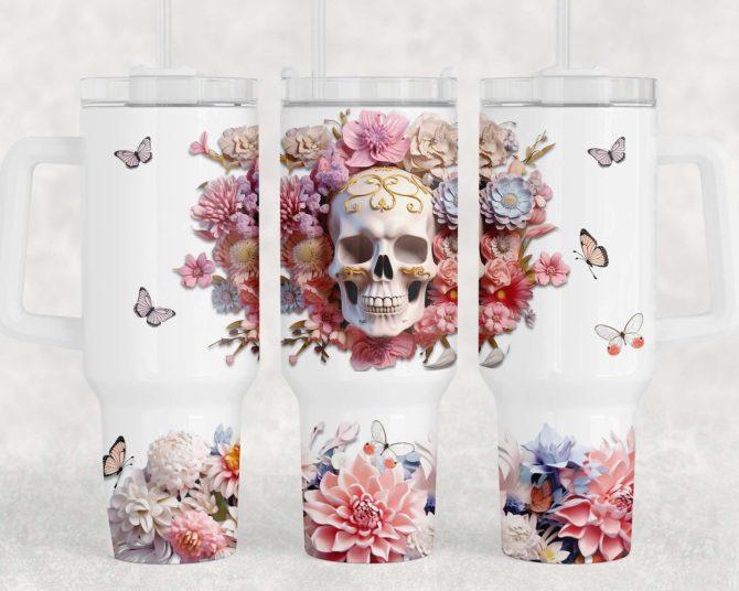 3D Skull Flowers Custom Stanley Quencher 40Oz Stainless Steel Tumbler With Handle - Image 3