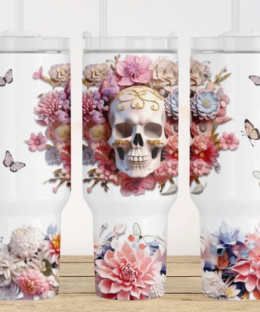3D Skull Flowers Custom Stanley Quencher 40Oz Stainless Steel Tumbler With Handle