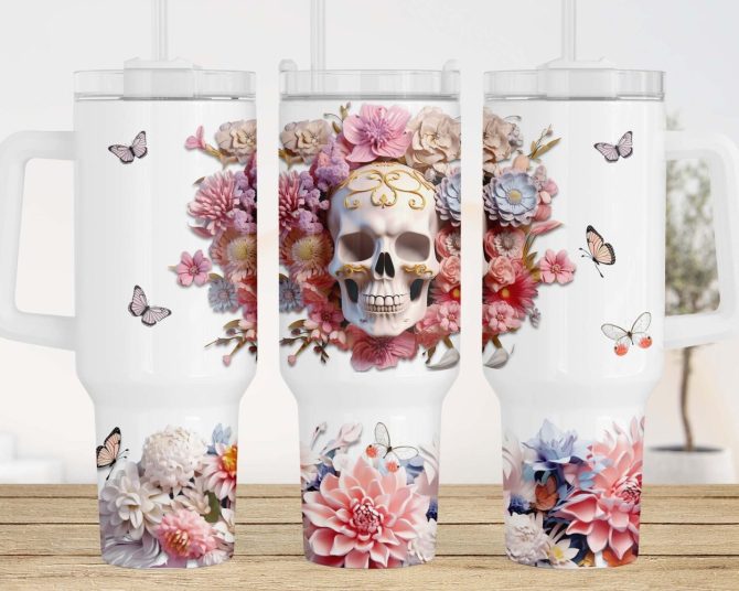 3D Skull Flowers Custom Stanley Quencher 40Oz Stainless Steel Tumbler With Handle
