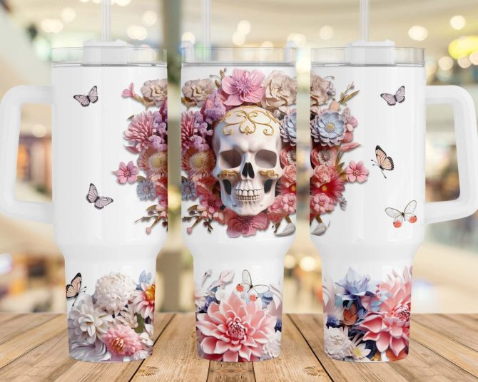3D Skull Flowers Custom Stanley Quencher 40Oz Stainless Steel Tumbler With Handle - Image 2