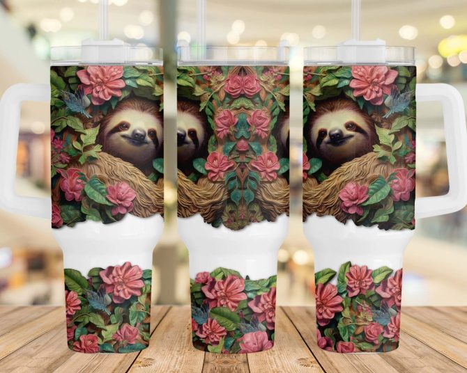 3D Sloth Flowers Custom Stanley Quencher 40Oz Stainless Steel Tumbler With Handle - Image 3