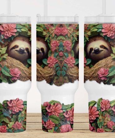 3D Sloth Flowers Custom Stanley Quencher 40Oz Stainless Steel Tumbler With Handle