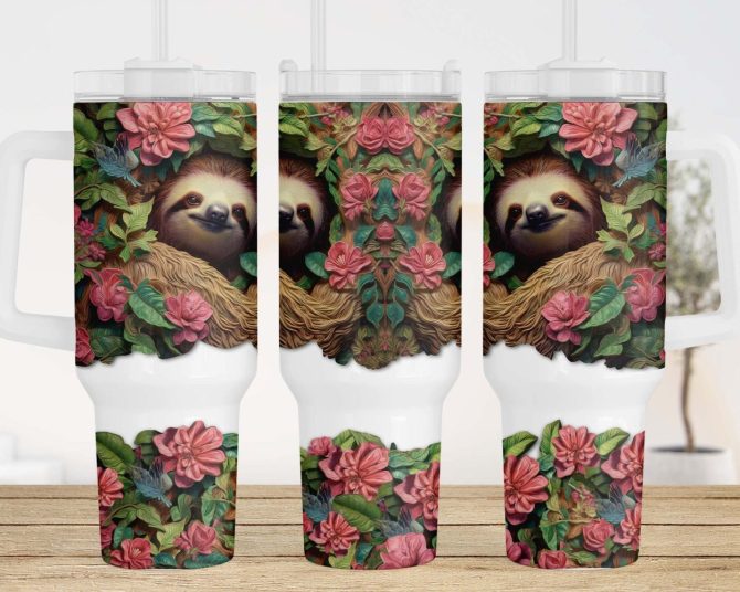 3D Sloth Flowers Custom Stanley Quencher 40Oz Stainless Steel Tumbler With Handle