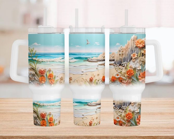 3D Summer Beach Custom Stanley Quencher 40Oz Stainless Steel Tumbler With Handle