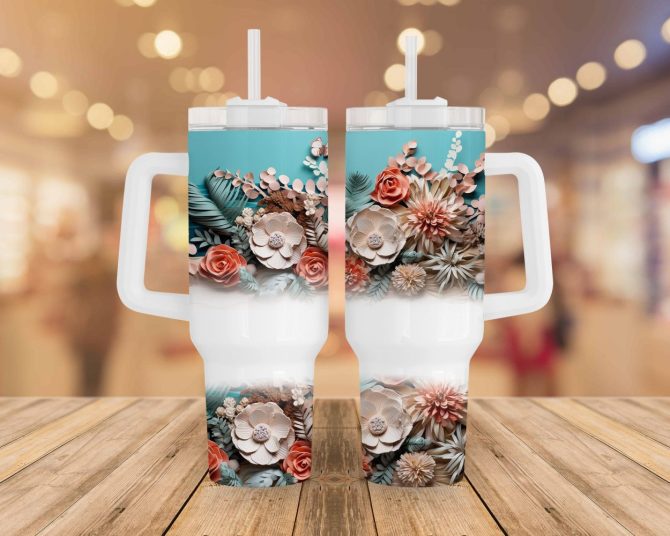 3D Summer Tropical Floral Custom Stanley Quencher 40Oz Stainless Steel Tumbler With Handle - Image 2
