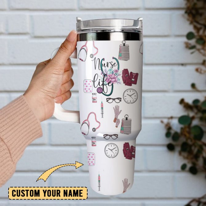 Heart Flower Nurse Life Custom Stanley Quencher 40Oz Stainless Steel Tumbler With Handle - Image 2