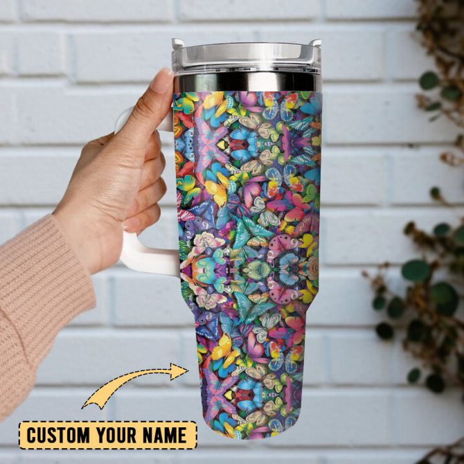 Colorful Butterfly Custom Stanley Quencher 40Oz Stainless Steel Tumbler With Handle - Image 2