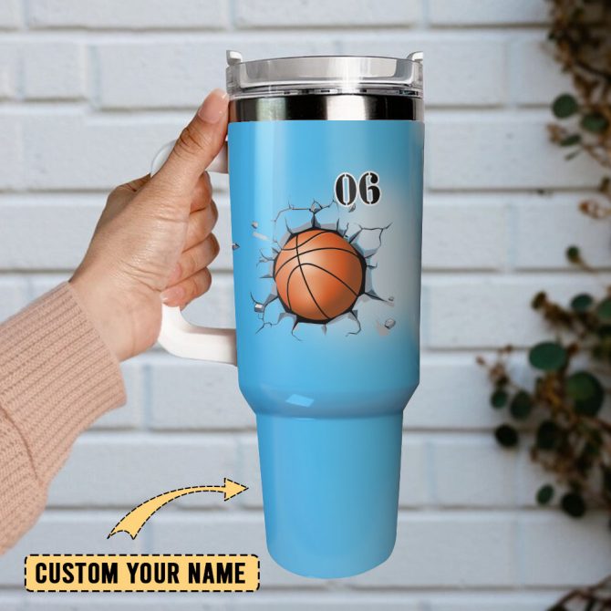Basketball Smash Blue Sport Custom Stanley Quencher 40Oz Stainless Steel Tumbler With Handle - Image 2