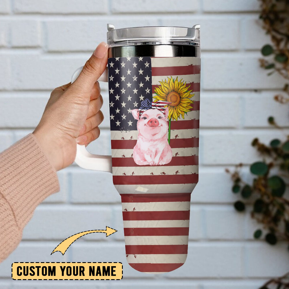Patriotic Pig Sunflower American Flag Custom Stanley Quencher 40Oz Stainless Steel Tumbler With Handle - Image 2