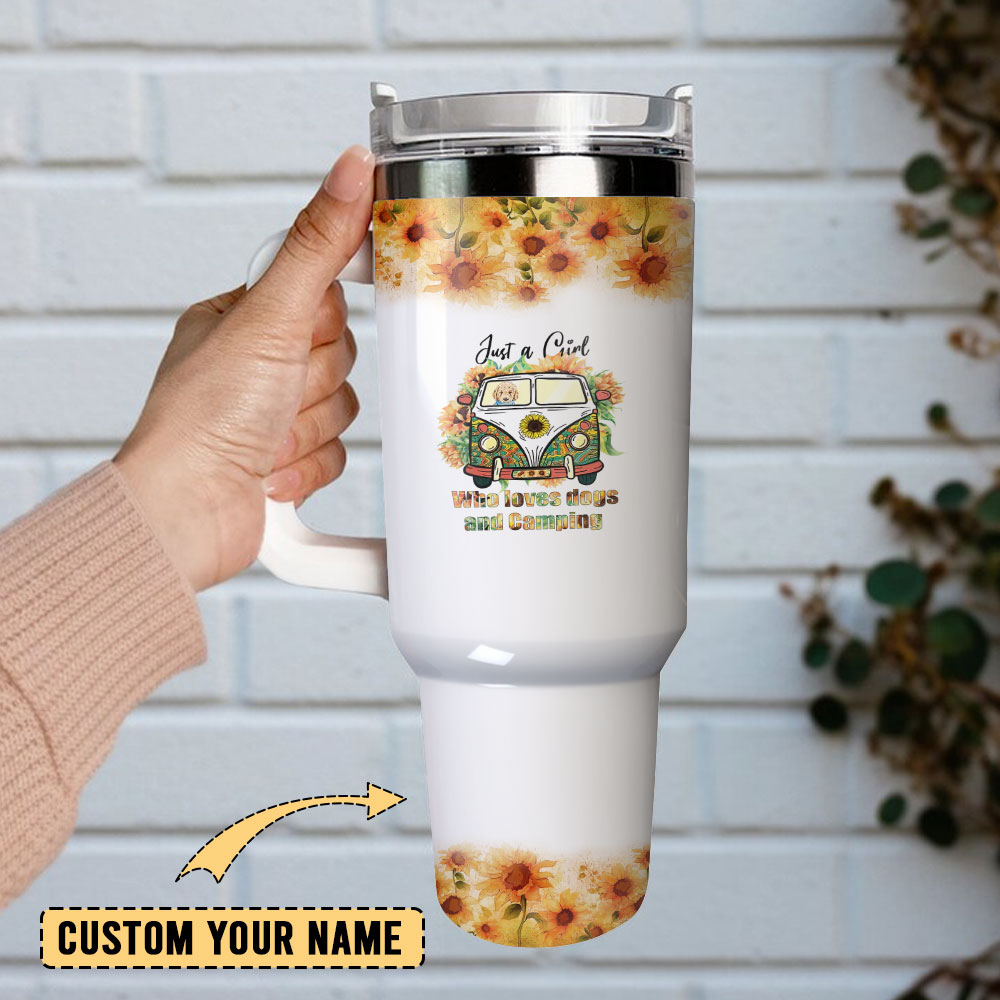 Sunflower Girl Dog Camping Hippie Custom Stanley Quencher 40Oz Stainless Steel Tumbler With Handle - Image 2