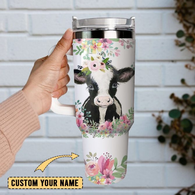 Baby Cow Flower Arkwork Custom Stanley Quencher 40Oz Stainless Steel Tumbler With Handle - Image 2