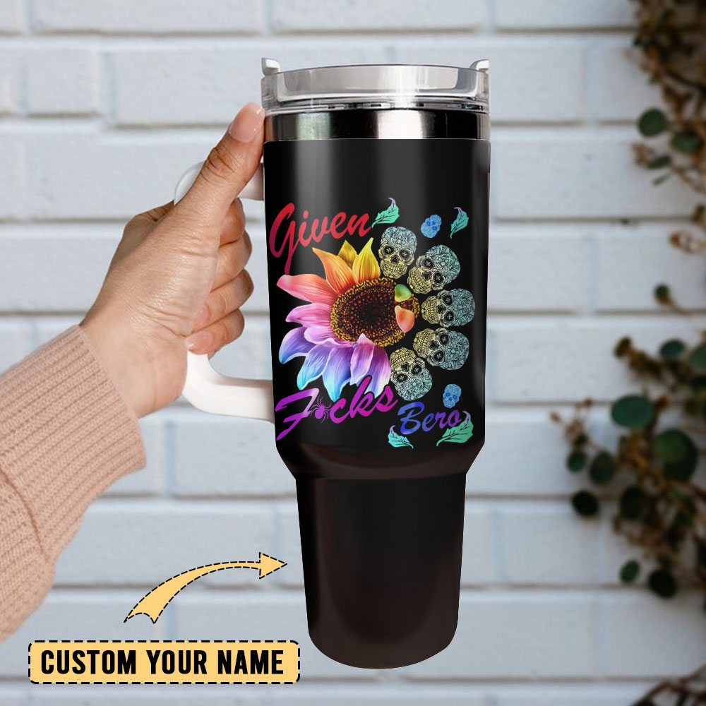 Tie Dye Sunflower Skull Artwork Custom Stanley Quencher 40Oz Stainless Steel Tumbler With Handle - Image 2
