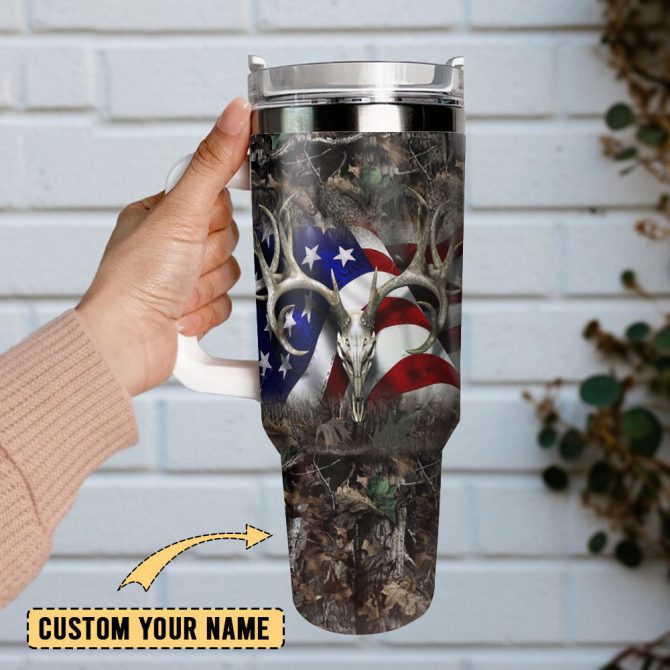 American Flag Deer Horn Artwork Custom Stanley Quencher 40Oz Stainless Steel Tumbler With Handle - Image 2