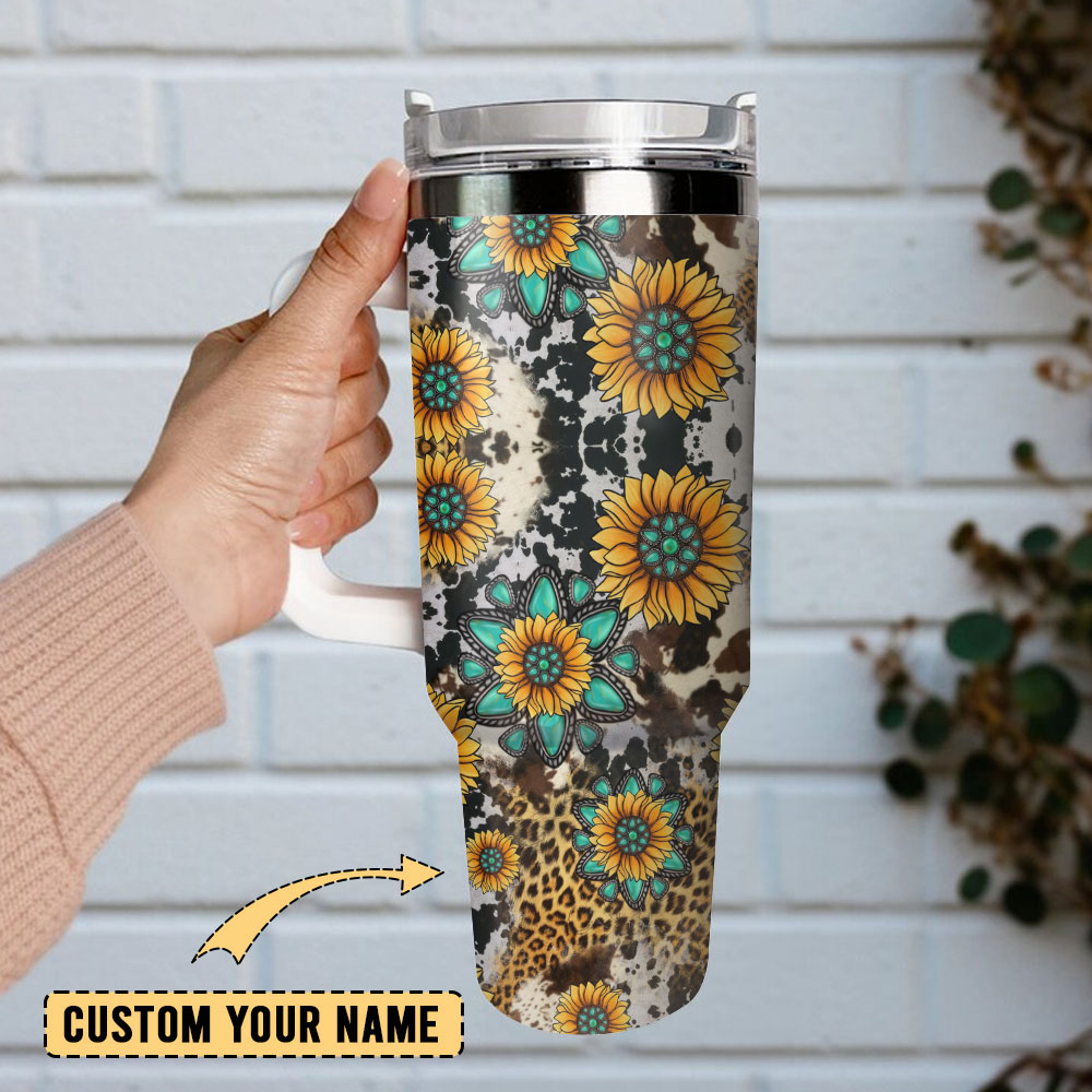 Sunflowers On Animal Prints Artwork Custom Stanley Quencher 40Oz Stainless Steel Tumbler With Handle - Image 2