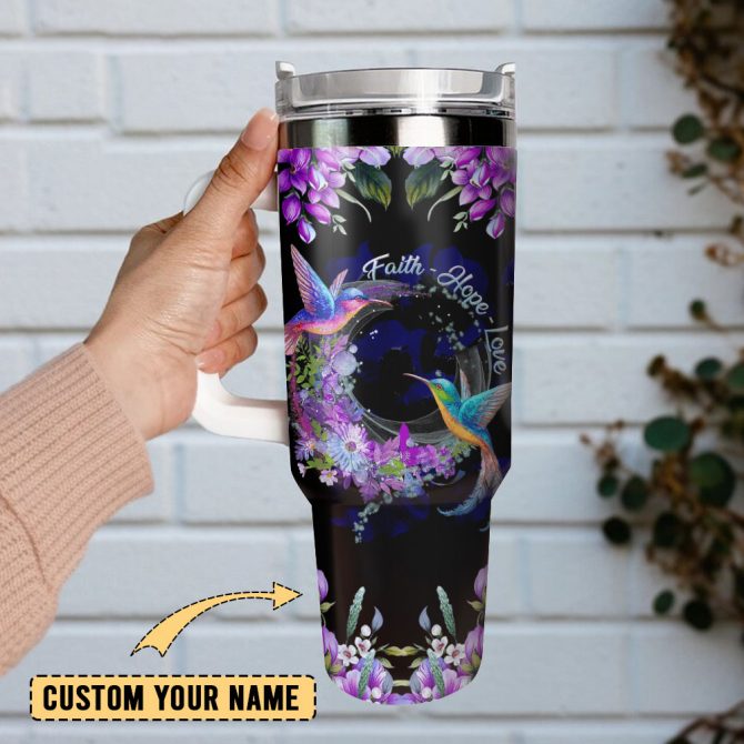 Couple Hummingbirds Flowers Artwork Custom Stanley Quencher 40Oz Stainless Steel Tumbler With Handle - Image 2