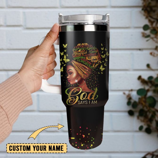 Black Queen God Says I Am Artwork Custom Stanley Quencher 40Oz Stainless Steel Tumbler With Handle - Image 2