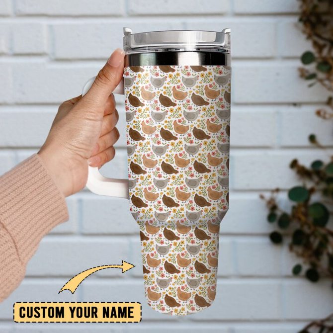 Flower Chicken Pattern Artwork Custom Stanley Quencher 40Oz Stainless Steel Tumbler With Handle - Image 2