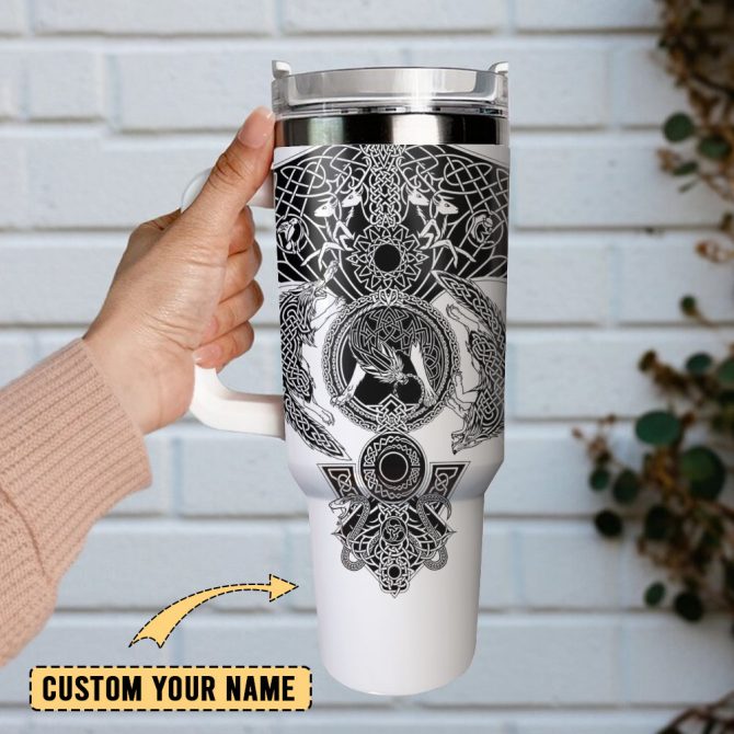 Black White Sagas Tattoo Pattern Games Custom Stanley Quencher 40Oz Stainless Steel Tumbler With Handle - Image 2