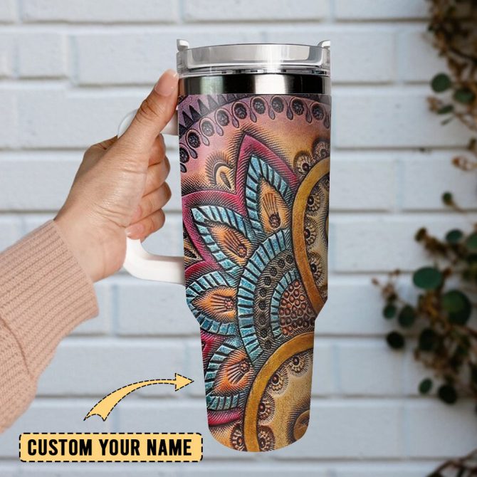 Bohemian Pattern Artwork Custom Stanley Quencher 40Oz Stainless Steel Tumbler With Handle - Image 2