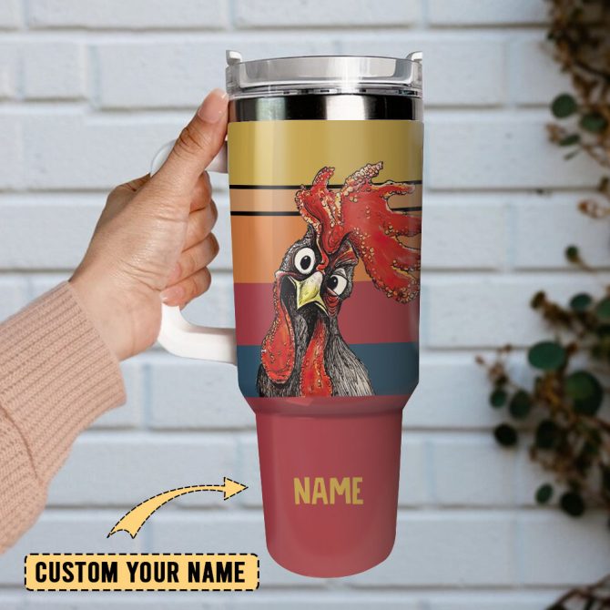 Cute Chicken Rooster Artwork Custom Stanley Quencher 40Oz Stainless Steel Tumbler With Handle - Image 2