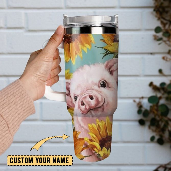Cute Piglet Sunflower Artwork Custom Stanley Quencher 40Oz Stainless Steel Tumbler With Handle - Image 2