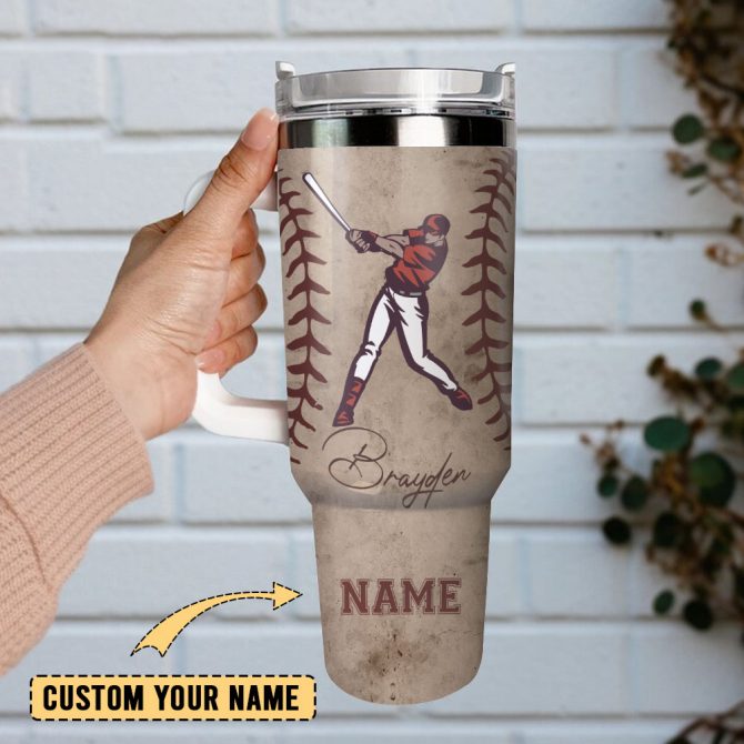 Brayden Taylor Baseball Player Bat Sport Custom Stanley Quencher 40Oz Stainless Steel Tumbler With Handle - Image 2