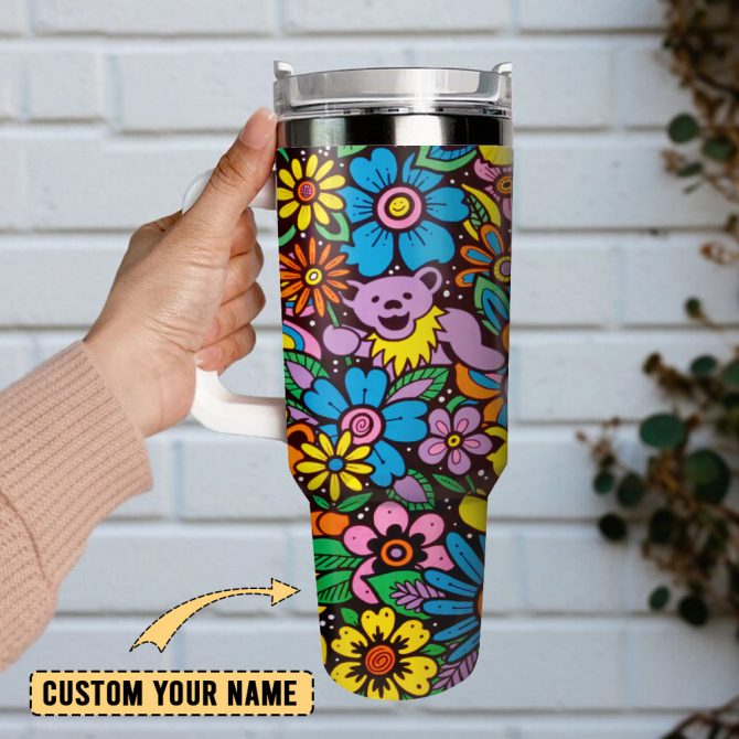 Hippie Colorful Flower Artwork Custom Stanley Quencher 40Oz Stainless Steel Tumbler With Handle - Image 2