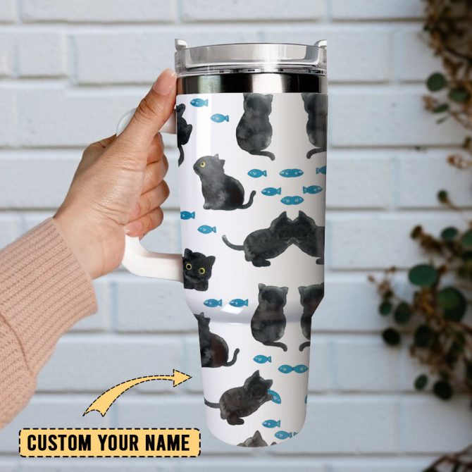 Cute Black Cat And Fish Pattern Artwork Custom Stanley Quencher 40Oz Stainless Steel Tumbler With Handle - Image 2