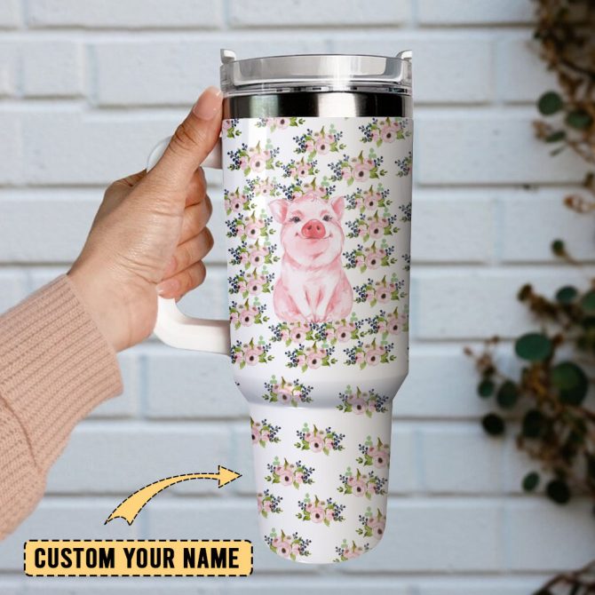 Cute Pig Art Custom Stanley Quencher 40Oz Stainless Steel Tumbler With Handle - Image 2