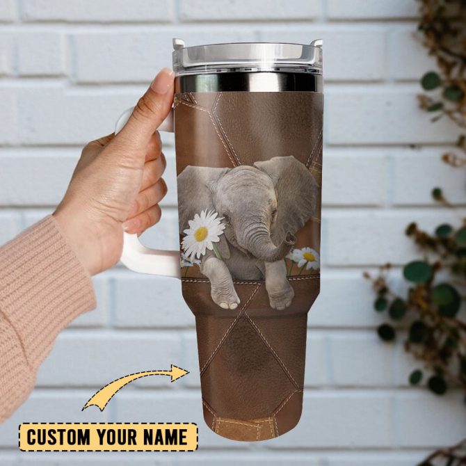 Cute Elephant Art Custom Stanley Quencher 40Oz Stainless Steel Tumbler With Handle - Image 2
