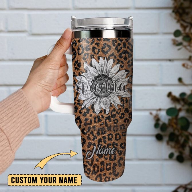 Flower And Leopard Artwork Custom Stanley Quencher 40Oz Stainless Steel Tumbler With Handle - Image 2