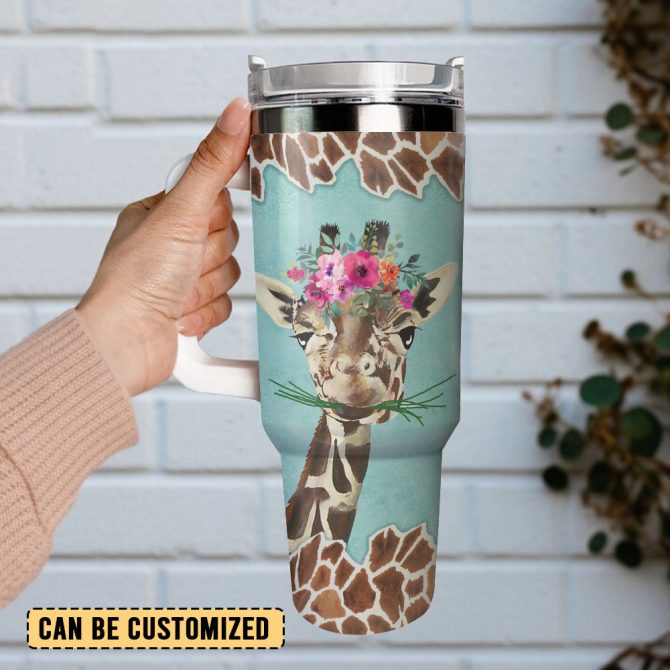 Giraffe And Flowers Custom Stanley Quencher 40Oz Stainless Steel Tumbler With Handle - Image 2