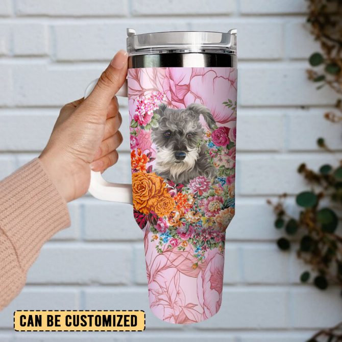 Dog And Flowers Custom Stanley Quencher 40Oz Stainless Steel Tumbler With Handle - Image 2