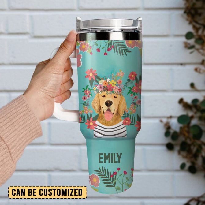 Dog And Flowers Custom Stanley Quencher 40Oz Stainless Steel Tumbler With Handle - Image 2