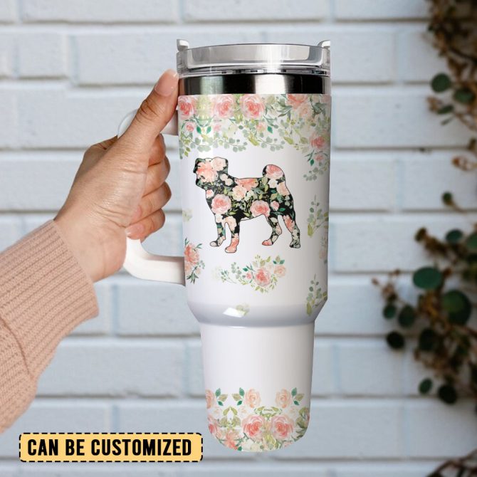 Dog And Flowers Artwork Custom Stanley Quencher 40Oz Stainless Steel Tumbler With Handle - Image 2