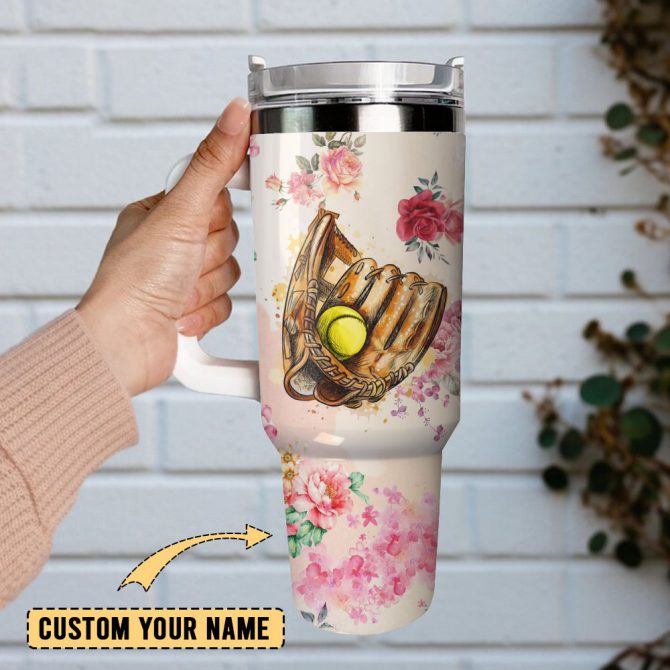 Baseball Glove And Ball Artwork Custom Stanley Quencher 40Oz Stainless Steel Tumbler With Handle - Image 2