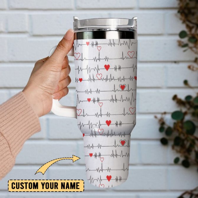 Heartbeat Line Artwork Custom Stanley Quencher 40Oz Stainless Steel Tumbler With Handle - Image 2