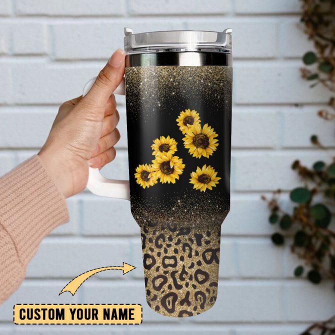 Flower And Leopard Artwork Custom Stanley Quencher 40Oz Stainless Steel Tumbler With Handle - Image 2