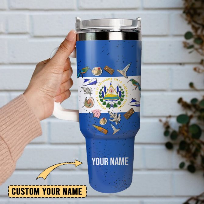 El Salvador Flag Symbols Custom Stanley Quencher 40Oz Stainless Steel Tumbler With Handle - Image 2