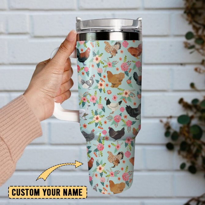 Chicken Breeds Floral Artwork Custom Stanley Quencher 40Oz Stainless Steel Tumbler With Handle - Image 2