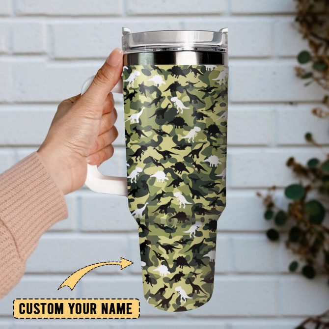 Dinosaur Camo Military Animal Custom Stanley Quencher 40Oz Stainless Steel Tumbler With Handle - Image 2