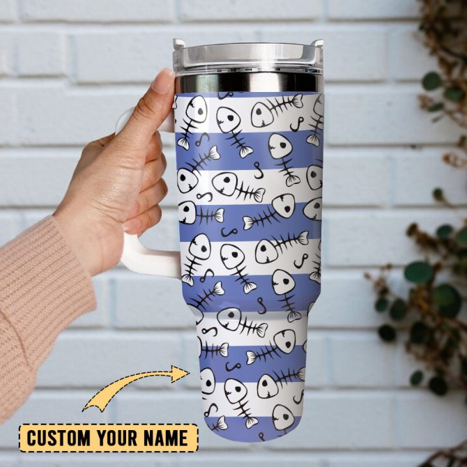 Fish Skeleton Artwork Custom Stanley Quencher 40Oz Stainless Steel Tumbler With Handle - Image 2