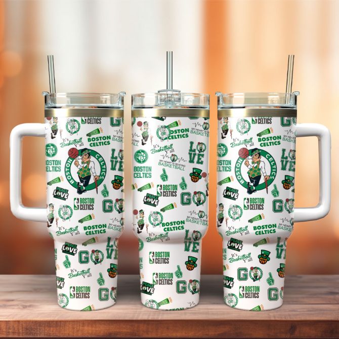 Boston Celtics Basketball Team Nba Custom Stanley Quencher 40Oz Stainless Steel Tumbler With Handle
