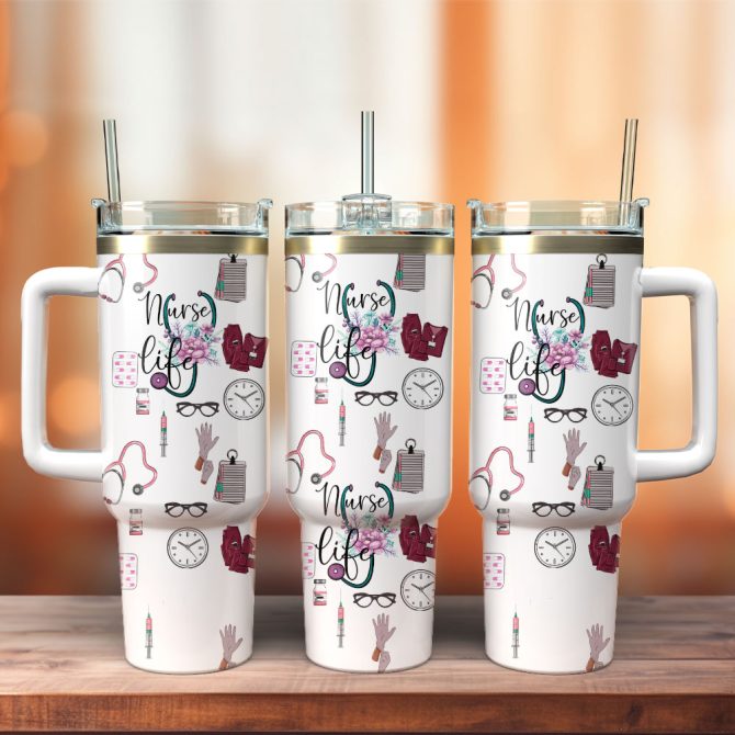 Heart Flower Nurse Life Custom Stanley Quencher 40Oz Stainless Steel Tumbler With Handle