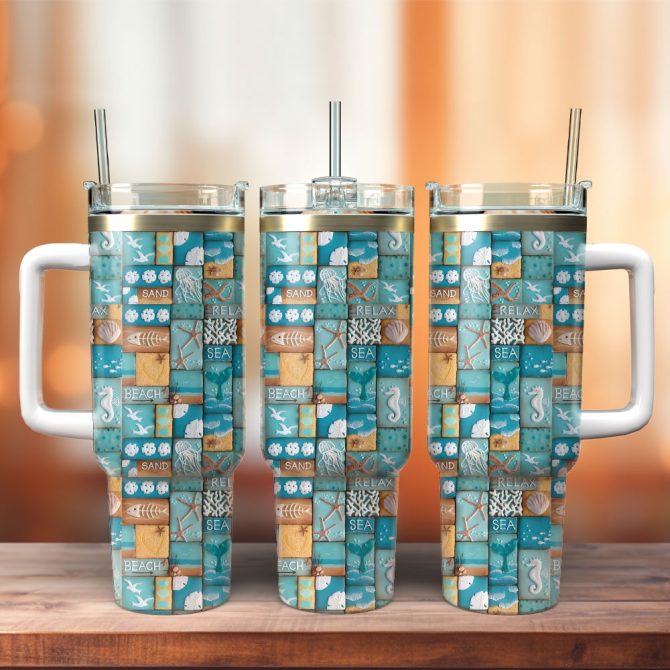 Beach Artwork Custom Stanley Quencher 40Oz Stainless Steel Tumbler With Handle