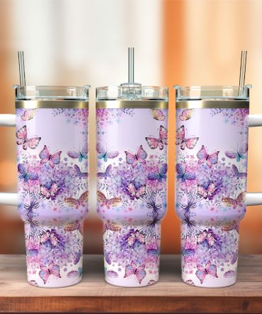 Butterfly Colorful Stanley Quencher 40Oz Stainless Steel Tumbler With Handle