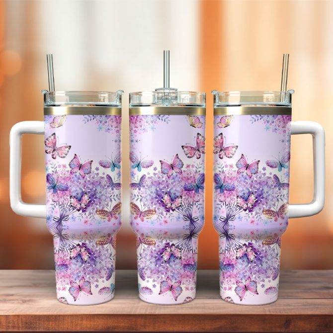 Butterfly Colorful Stanley Quencher 40Oz Stainless Steel Tumbler With Handle
